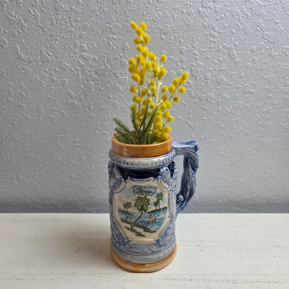 Vintage Florida Souvenir Beer Stein Ceramic Relief Flamingo Palm‎ Tree Blue Mug